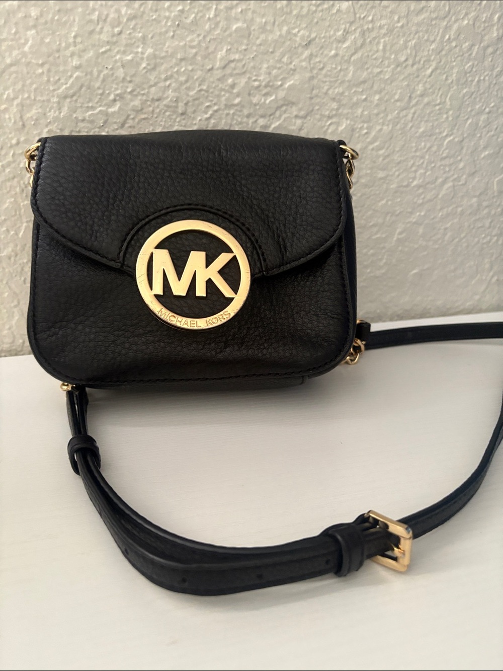 Michael Kors Black Leather Crossbody with Gold MK Emblem